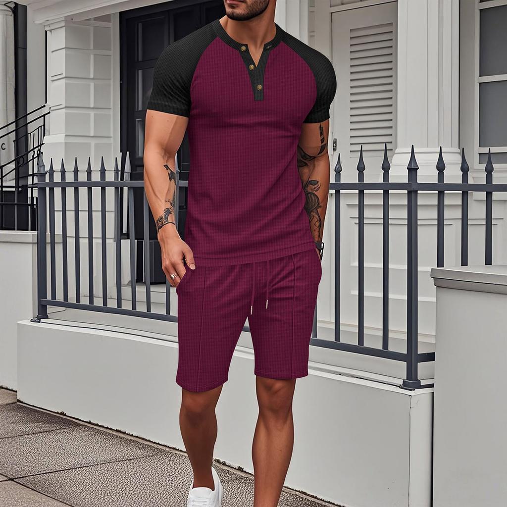 Men's Short Sleeved Shorts Suit Men's Color Matching Casual Round Neck Short Sleeved Shorts Suit