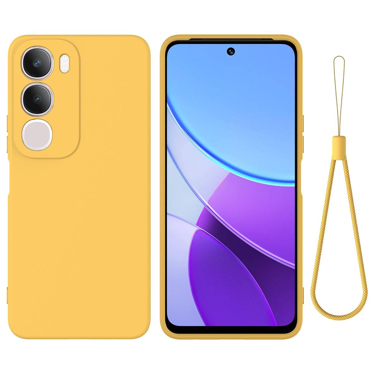

For vivo Y29 5G Case Liquid Silicone Phone Back Cover with Hand Strap Yellow