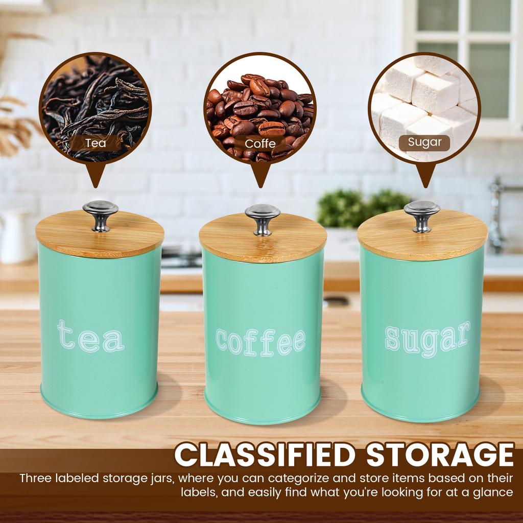 3Pcs Coffee Bean Storage Canisters Tea Sugar Vacuum Sealed Jars Iron Canisters Heat Kitchen Cream Can Airtight Bamboo Lid