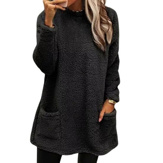 Lady Winter Sweatshirt with Dual Pockets Pure Color Plush Round Neck Loose Mid Length Pullover Top Casual Office Party Workout Sweatshirt