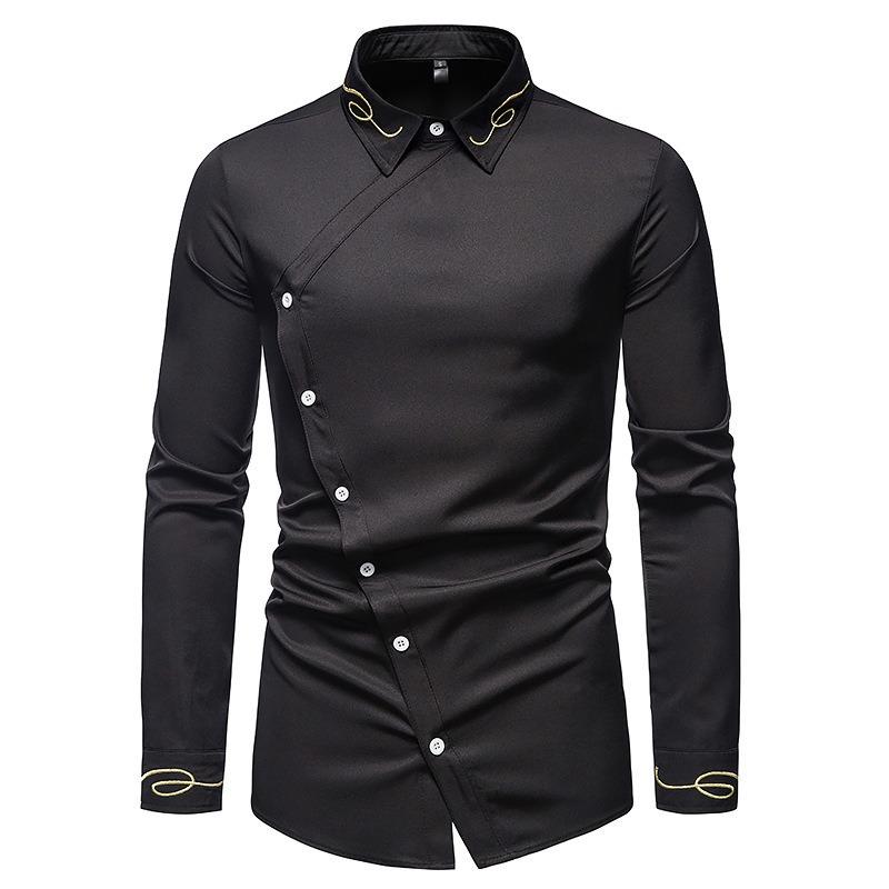 Men S Slim Fit Long Sleeve Asymmetric Embroidered Shirt European Size Spring Autumn