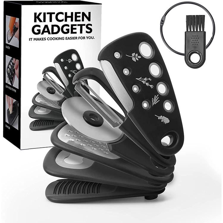Creative Kitchen Gadgets Collapsible 6 Pcs Set Pizza Cutter Cheese Grater Peeler Can Opener Set чёрный