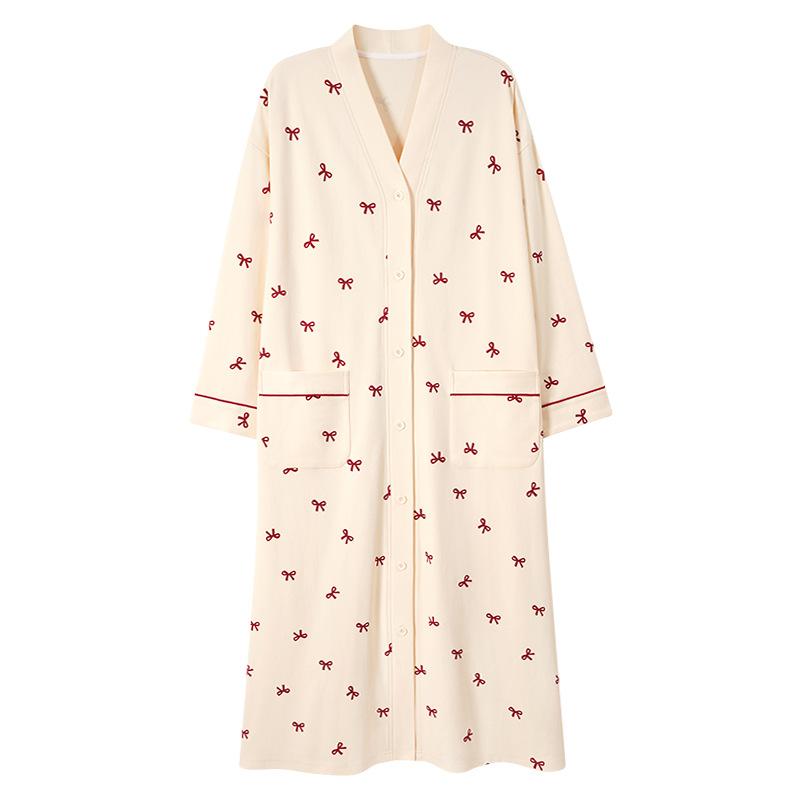 Pure Cotton Nightgown Women'S Spring And Autumn Long-Sleeved Cardigan Shirt Skirt Cute And Sweet Long Pajamas Can Be Worn Outside Loungewear