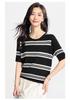 Black and white contrasting T-shirt with mulberry silk, striped knit shirt, casual short sleeved, summer comfortable women's T-shirt top
