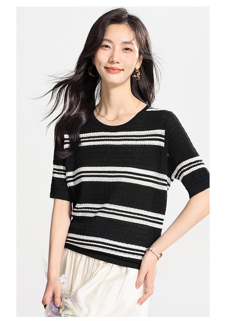 Black and white contrasting T-shirt with mulberry silk, striped knit shirt, casual short sleeved, summer comfortable women's T-shirt top