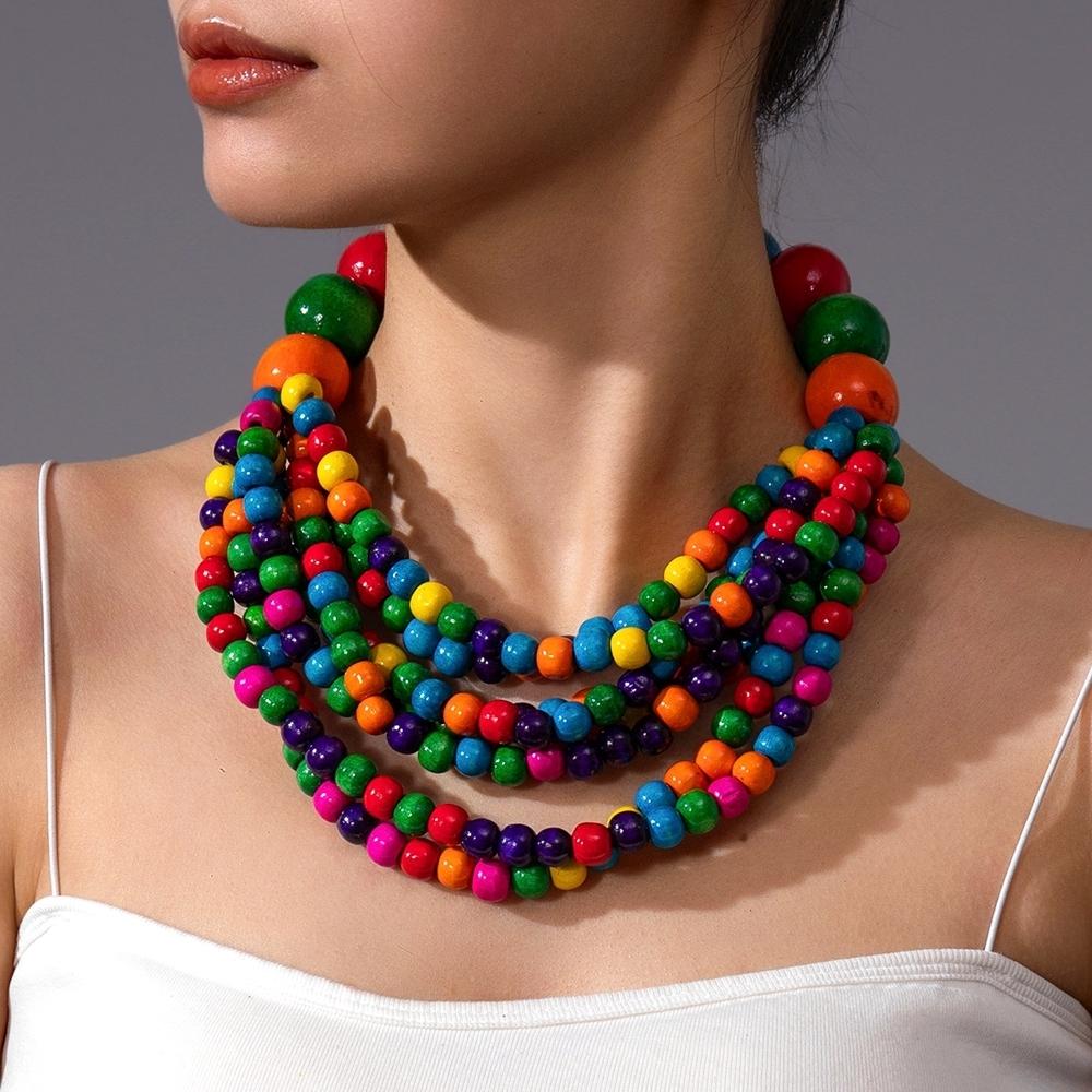 Zircón Africano Tendencia 2025 Estilo Étnico Bohemio Collar Hecho a Mano de Múltiples Capas con Cuentas de Madera Para Mujer Accesorios de Fiesta