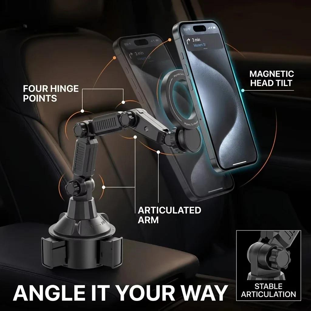 Car Cup Holder Phone Mount, Magnetic Long Arm Cell Phone Holder for Car, 360 Rotatable Mechanical Foldable Phone Bracket
