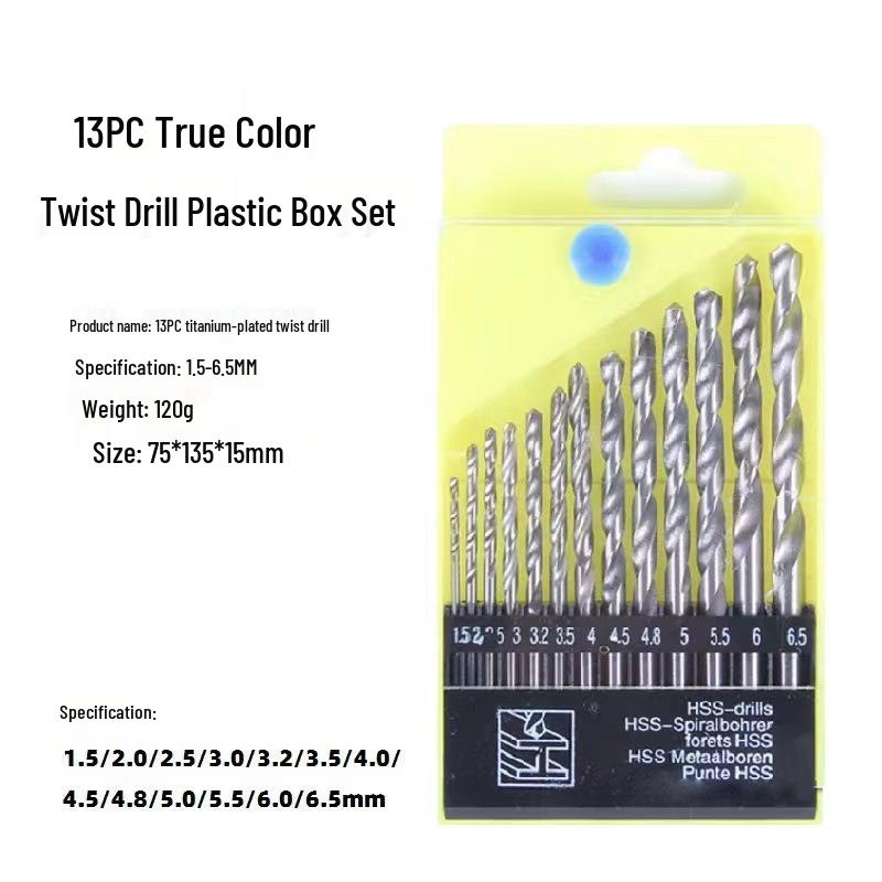Zestaw 13 wierteł ze stali szybkotnącej pokrytej tytanem do drewna i plastiku, wkrętarki elektrycznej i dziurkacza.