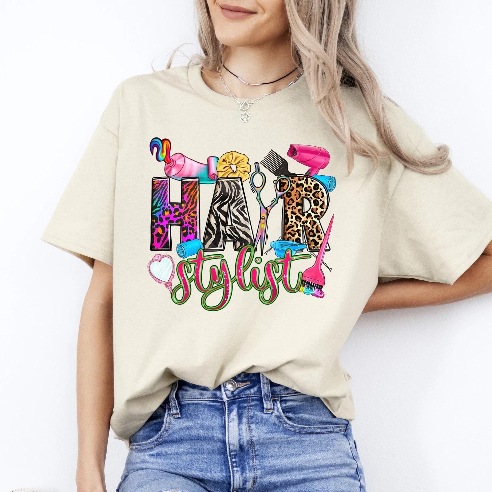 Hair stylist T-Shirt gift Colorful Hair dresser Haircutter Unisex tee Sand White S