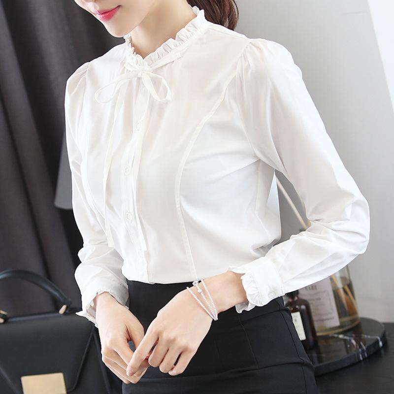 2023 Versatile Korean Style Women's Chiffon Blouse - Long Sleeve Slim Fit in White
