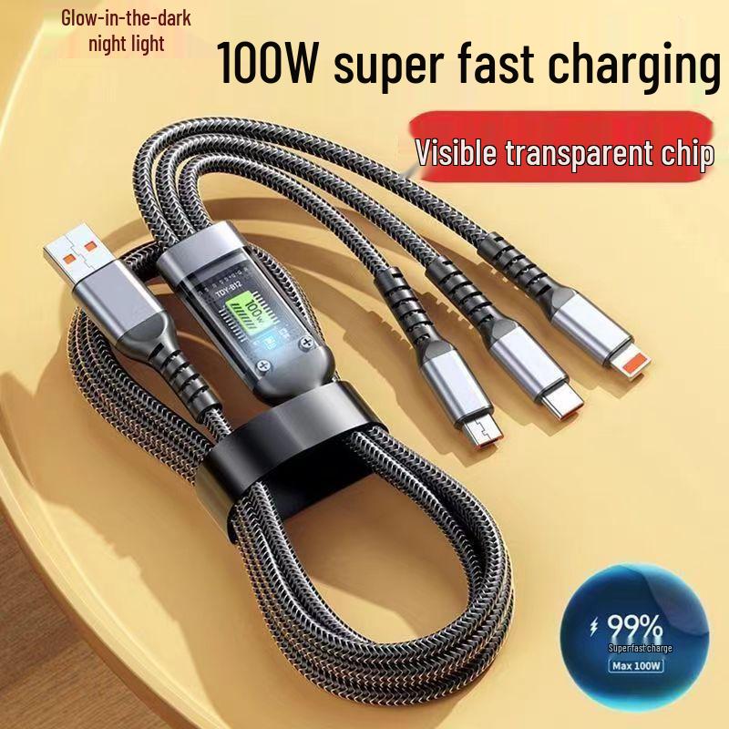 100W Transparent 3-in-1 Fast Charging Cable for Apple, Android, Huawei