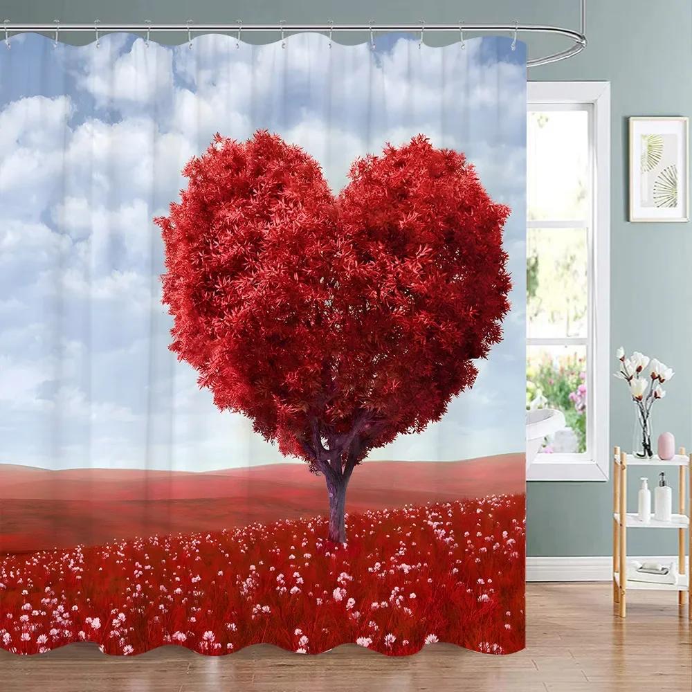 Valentine's Day Red Rose Shower Curtain Pink Red Love Tree Flower Polyester Fabric Washable Hanging Curtains Bathroom Decoration