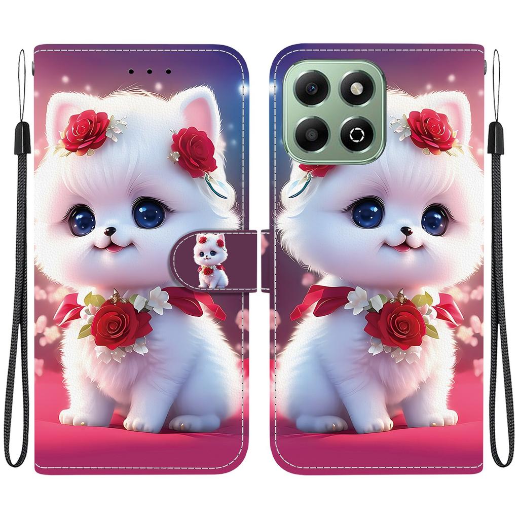 Handmade PU Leather Flip Case for Honor X6b Anti-Slip Shockproof Cover with Wrist Strap & Heart/Rose Cat Designs