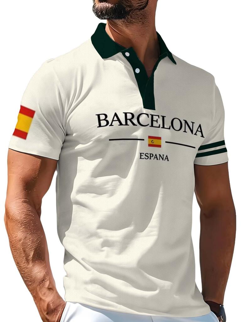 Men's Outdoor Short-Sleeve Polo Shirt with Printed Design (Not Textured), Available in Multiple Sizes. Men's Lapel Polo with Dark Green Contrast