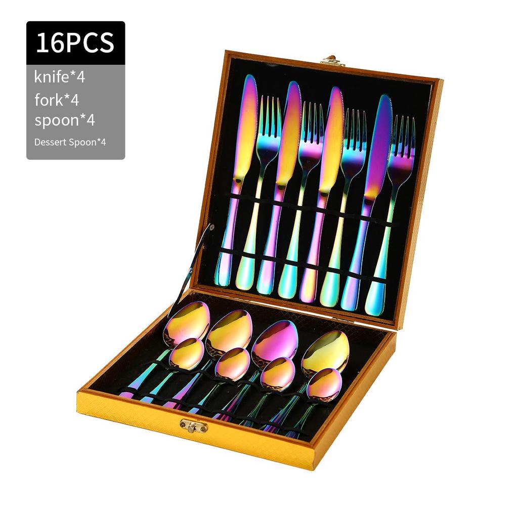 Golden Wooden Box Stainless Steel Cutlery Set - Steak Knife, Fork, Spoon for Western Dining