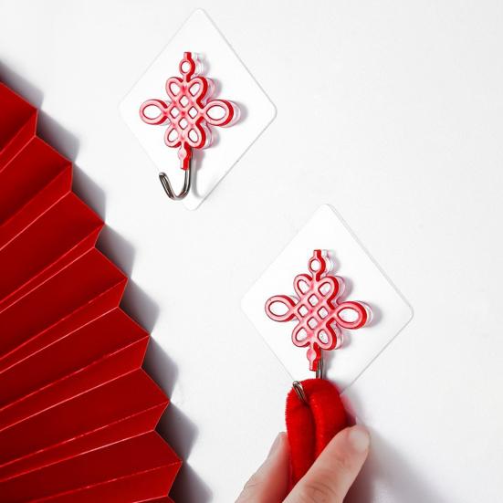 8Pcs Chinese Style Self-adhesive Hooks Drill-Free Installation Festive Decor Hooks Red Lanterns Chinese Knots Hooks for Spring Festival Home
