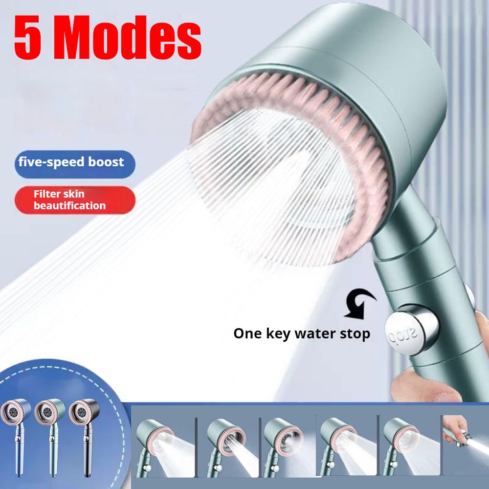 Pommeau de douche 5+1 modes avec brosse de massage ABS Haute pression Économie d'eau Portable Filtre de salle de bain Pommeau de douche Arrêt d'eau à une touche