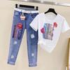 Women's Elegant Casual Pants Set Fashion Sequin Short Sleeve T-shirt Pierced Jeans Two-piece  Tops