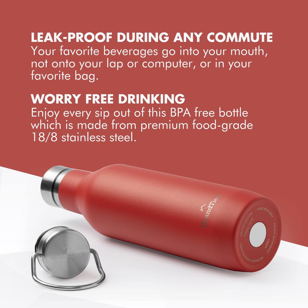 GRANDTIES Traveler Bottle, 620ml, Available in 6 Colors (Cranberry) with 2 Lids, Stainless Steel Bottle, Double-Layer Vacuum Insulation, Keeps Drinks
