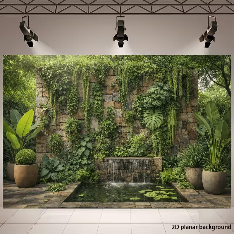 2D Lush Ivy Stone Wall Waterfall Backdrop Jungle Plant Photo Booth Banner