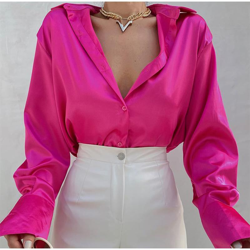 Damen 2023 Elegant Satin Einfarbig Langarm Blusen Damen Chic Vintage Blau Grün Lässig Locker Sitzend Knöpfe Hemden Oberteile