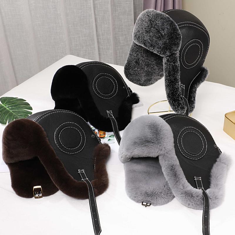 New Men's Natural Rex Rabbit Fur Bomber Hats Winter Russian Man Warm Real Sheepskin Leather Hat Male Real Fur Caps