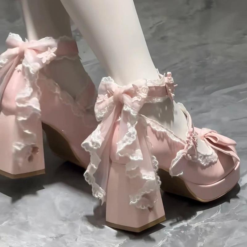 Lovely Girls Lolita Butterfly Knot High Heels Platform Shoes ,Young Women Students Cute Sakura Wedding Dress Mary Janes