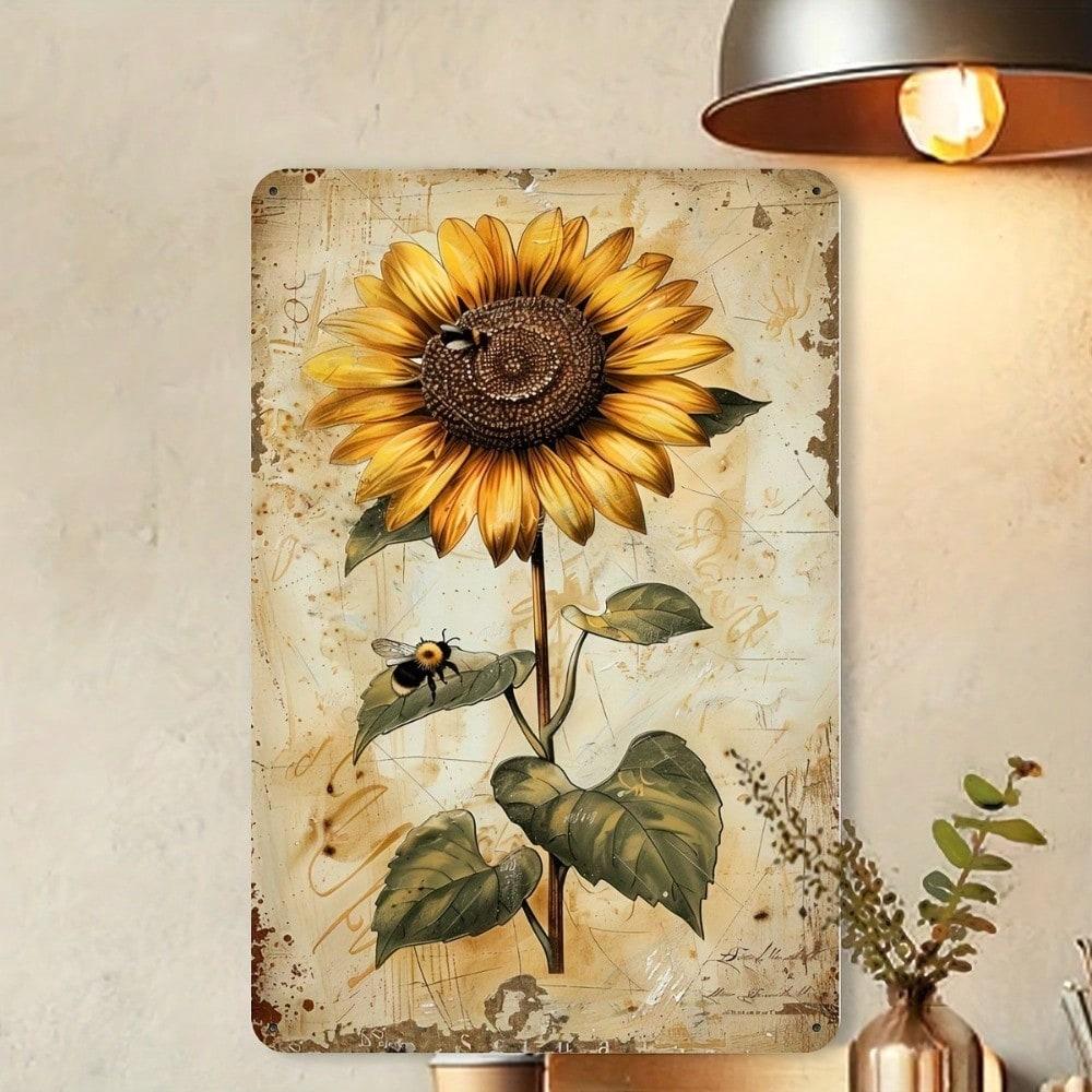Metal Tin Sign Sunflowers Bees Wall Art Rustic Farmhouse Kitchen Decor 8x12 Inches