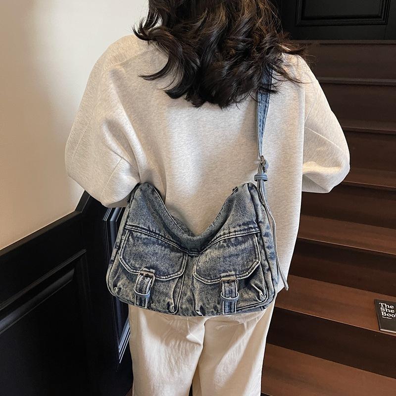 Women's Designer Denim Bag - Retro Multi-Pocket Crossbody Shoulder Bag with Unique Style, Fashiable Denim Handbag for Women