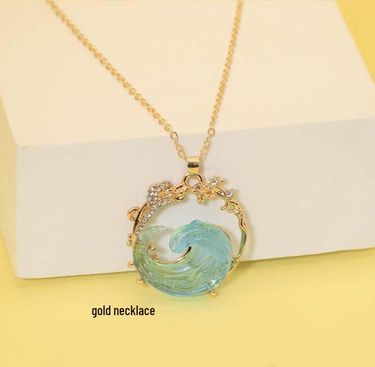 Sky Blue Sea Wave Jewelry Set: Resin Necklace, Earrings & Ring