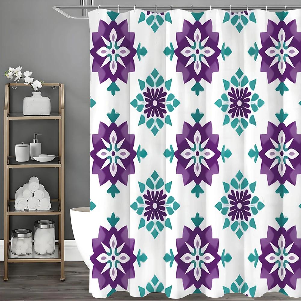 

Purple Blue Geometric Floral Shower Curtain, Bathroom Decorative Shower Curtain, Waterproof Shower Curtain With Hooks W60H190(CM)-1 Pcs