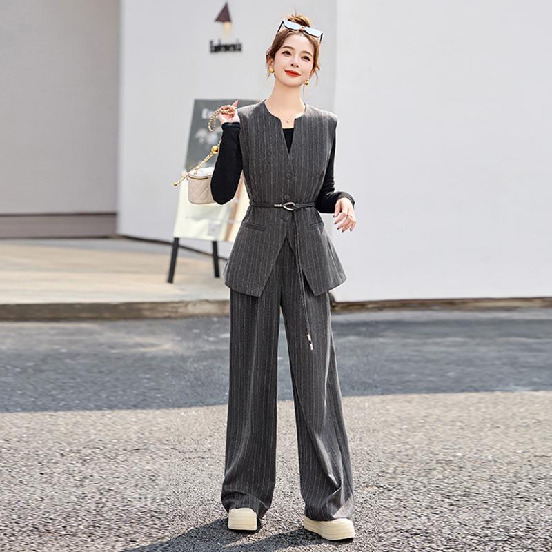 Frühling 2025 Gestreifte Taillenbetonende Weste & Weitbeinige Hose Zweiteiliges Set