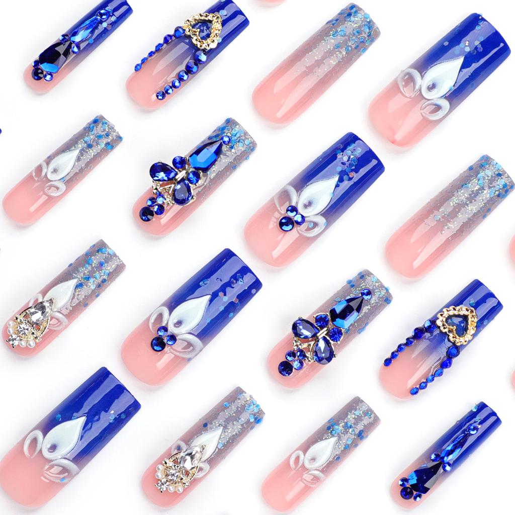 Sparkling Diamond Exploding Dark Blue Pipe Type False Nails
