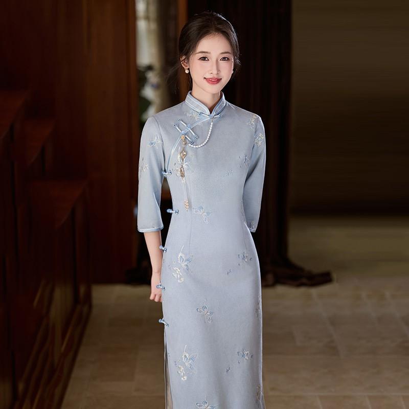 Elegant Blue Embroidered Qipao Dress Womens Modern Retro Long Sleeve Slim Fit Small