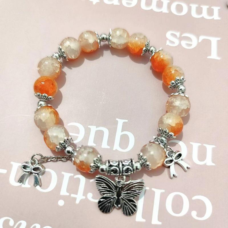 Forest Butterfly Glass Bracelet with Ice-Cracked Flower Beads