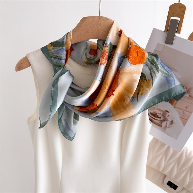 Luxury Flower Printed Square Scarves Women's Silk Scarf Floral Bandana Small Neckties Headband Foulard Shawl