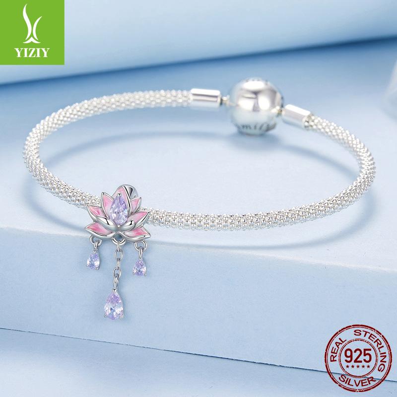 Gradual Change Pink Purple Lotus Diy Silicone Positioning Beads, Sweet Dream Tassel S925 Silver Beads