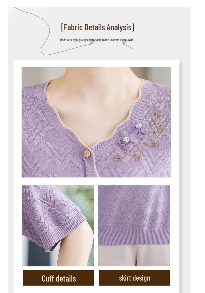 Summer Knit Top with 3D Floral Embossing, Breathable Short Sleeve, Casual and Loose Fit for Middle-Aged and Elderly Women