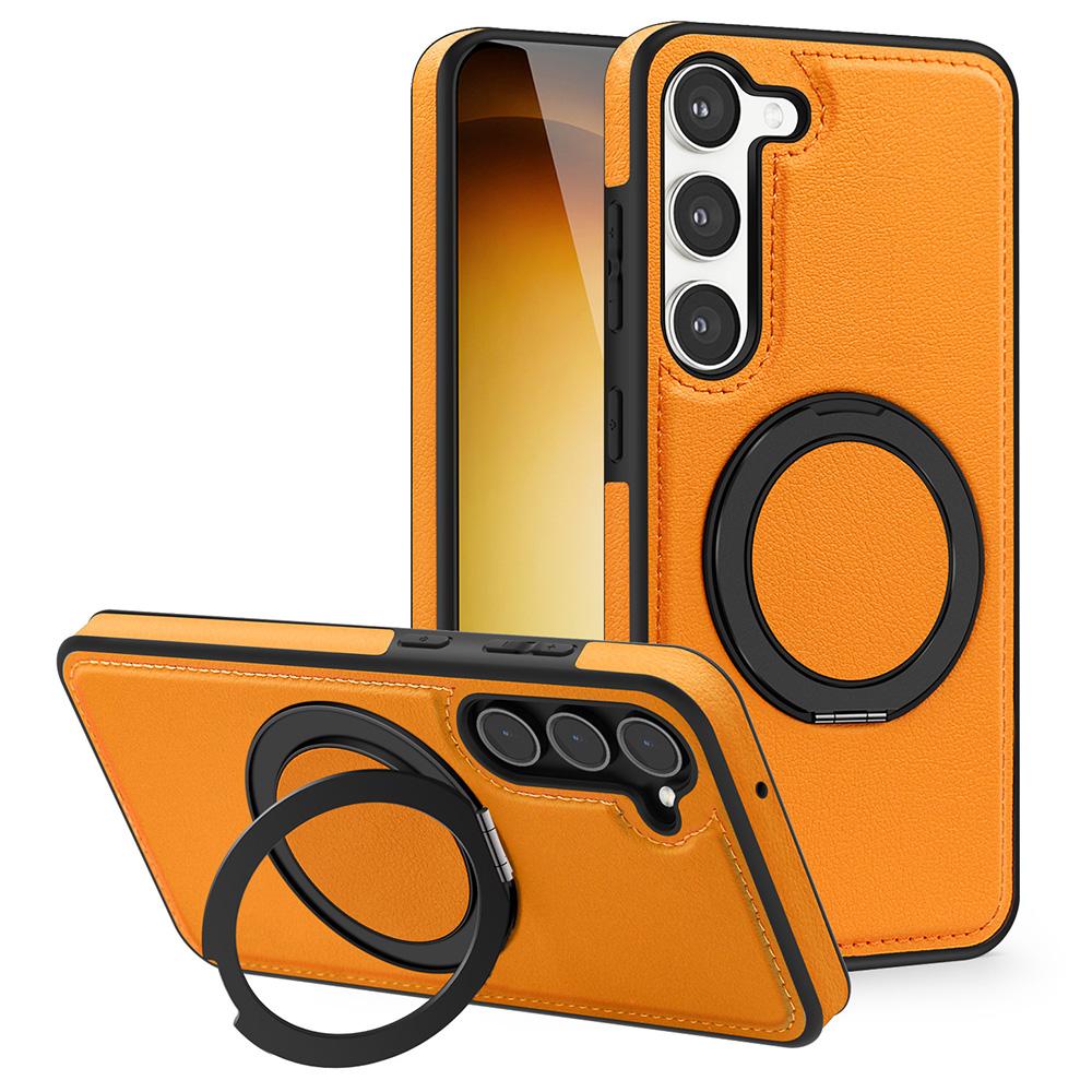 

For Samsung Galaxy S23 Case with Ring Kickstand Compatible with MagSafe PU Leather Back Cover Orange