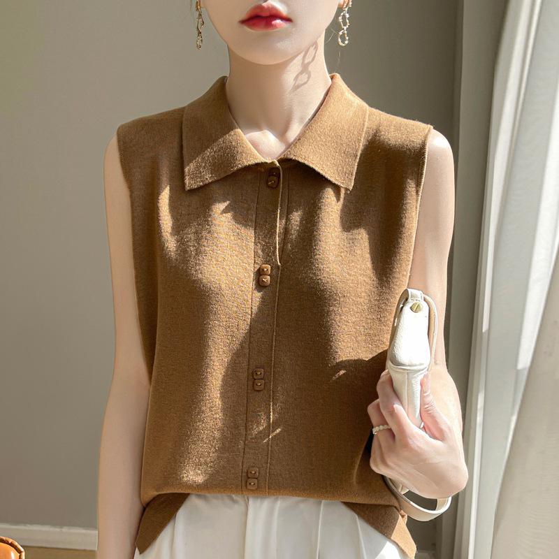 Exquisite and Fashionable Shirt Collar Knitted Vest for Women Stacked In Slim-fitting Sleeveless Suit with Bottom Vest