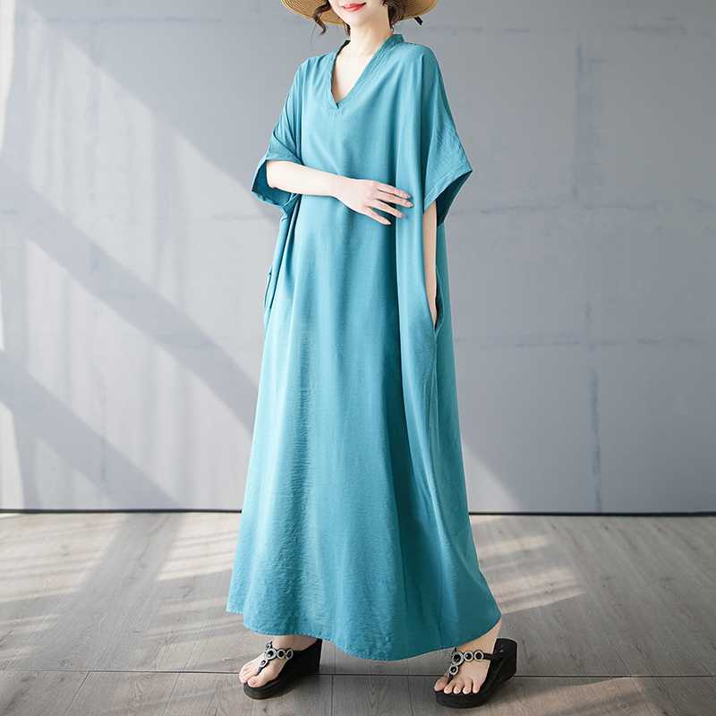 Summer Color V-neck Retro Long Skirt Cotton Linen Dress