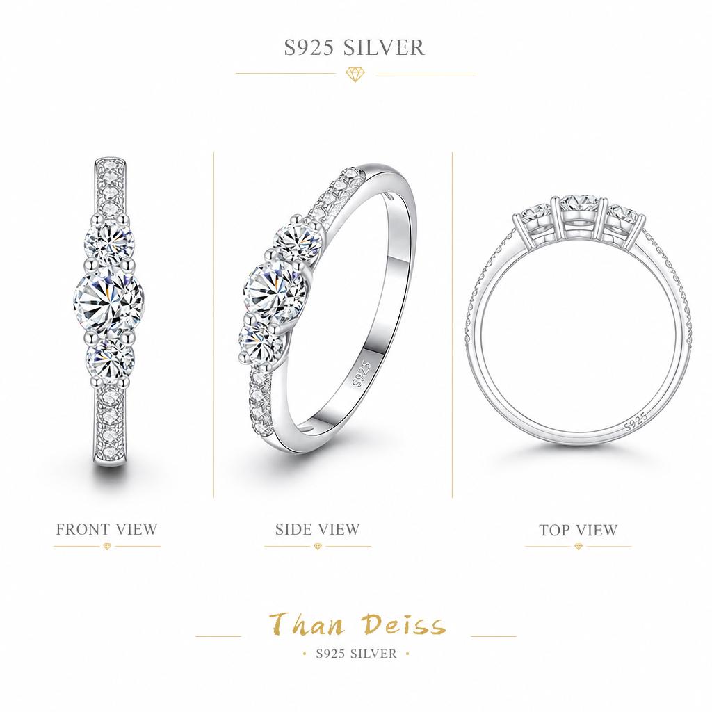 Three Stone Moissanite Engagement Ring S925 Sterling Silver D Color VVS Trilogy Wedding Ring Pass Diamond Tester