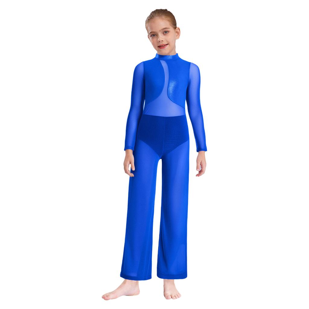 Transparenter Netz-Jumpsuit mit weitem Bein und Metallic-Effekt für Mädchen: Langarm Ganzkörper-Trikot mit Schlüsselloch-Rücken für Gymnastik und Bühnenauftritte