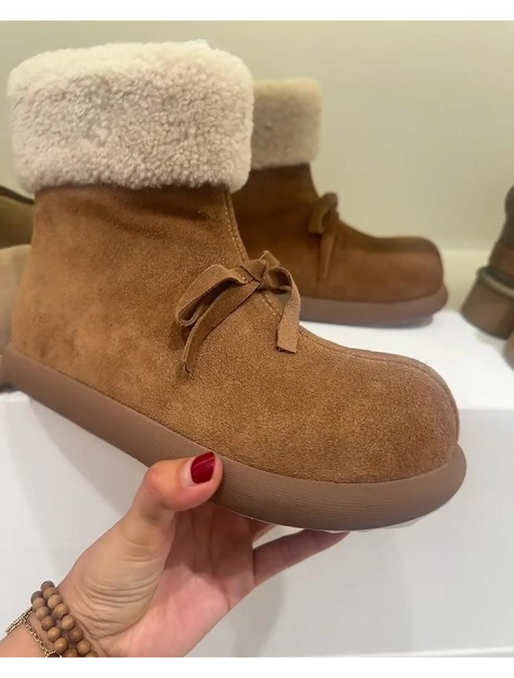 Nai Pie~ Fur integrated fleece warm fluffy cotton boots women's retro wind short boots bow non-slip snow boots