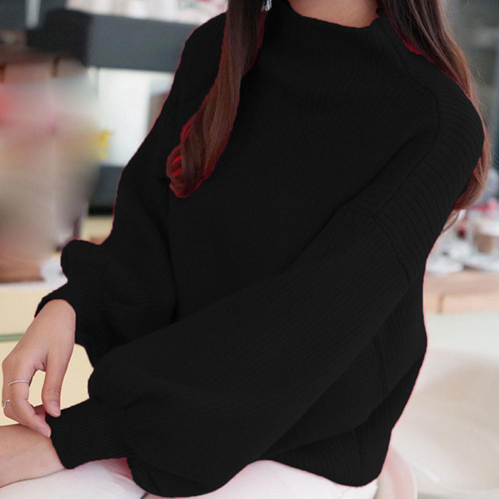 2019 Autumn/Winter Women's Korean Style Half-High Collar Pullover Sweater with Lantern Sleeves