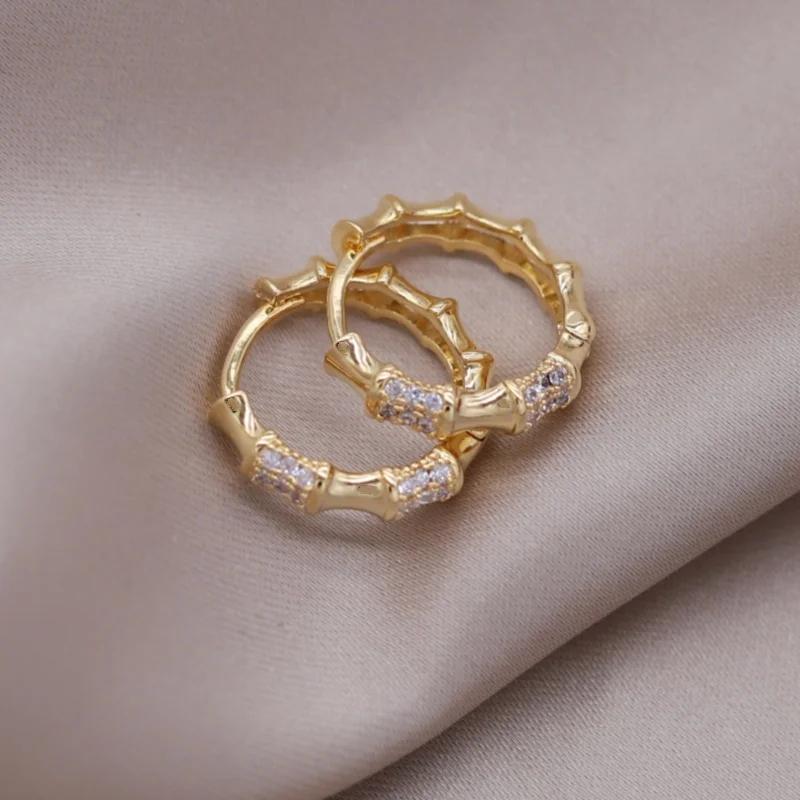 2025 French new design fashion Zircon 14K gold plated round zircon bamboo hoop earrings elegant women's daily work accessories