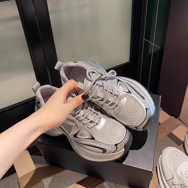 Sports Shoes Silver Sneakers Women's Spring and Summer Design Thick Bottom Comfortable Classic Height Increasing Pops Shoes