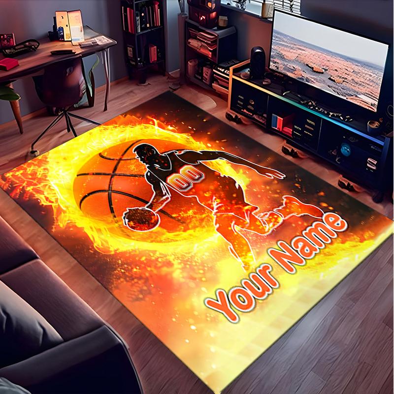 1PC Custom Name Fire Basketball Legend Theme Floor Mat Ideal for Living Room, Game Rooms, Office, Bedroom, Office Floor Mat , Floor Mats for Home