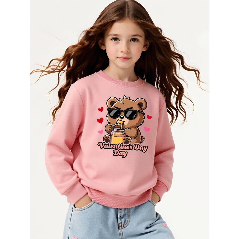 Kids Crewneck Long Sleeve Sweatshirt,Cute Bear Wearing Glasses Eating Honey Valentine Print