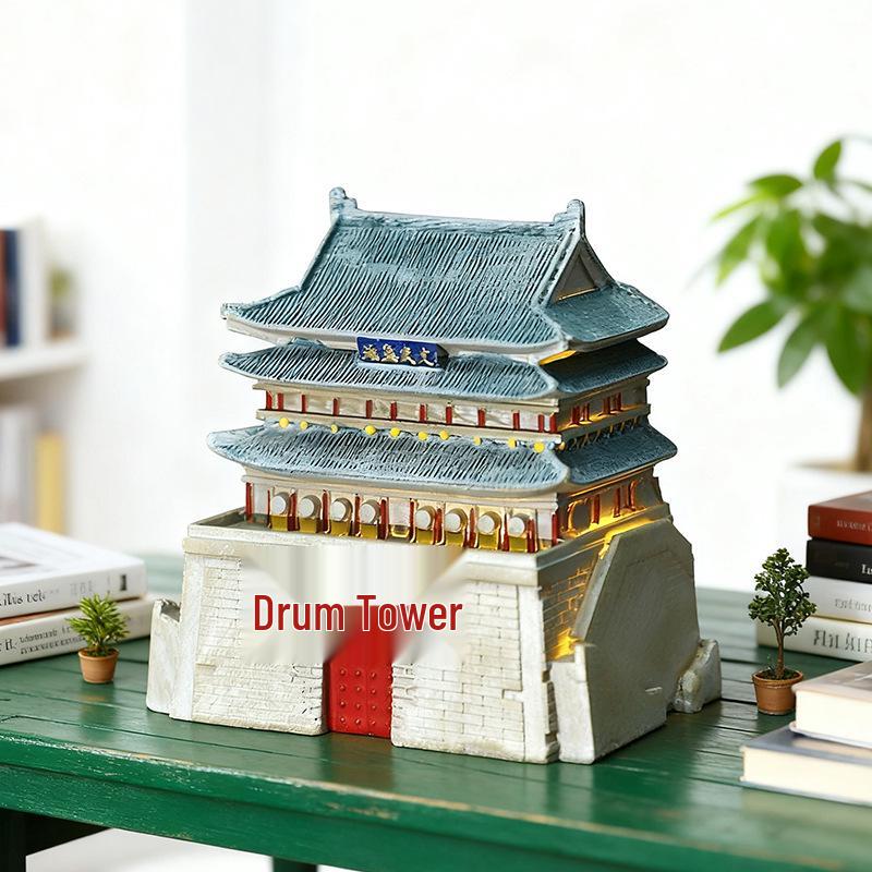 3D Stereoscopic Drum Tower Resin Refrigerator Magnet with Light - Ancient Architecture Touristy Gift.